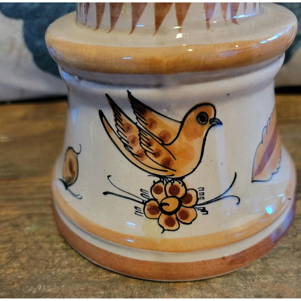 Pottery Candlestick Holder with Pretty Bird - Made in Mexico, Signed - 1980s